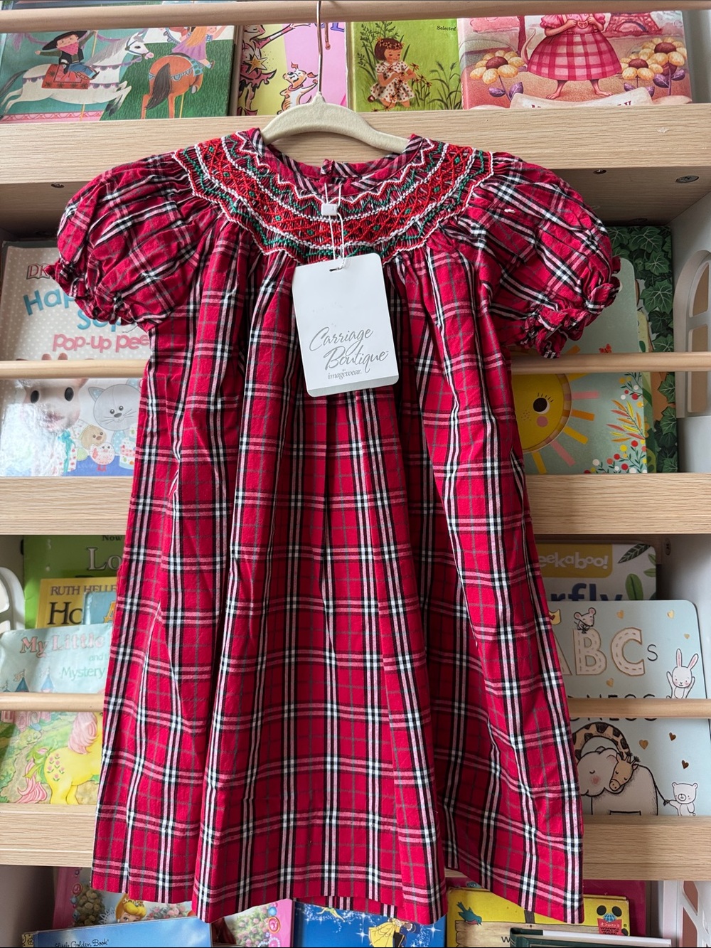 Carriage Boutique Red Plaid Smocked Holiday Dress, NWT 12 months